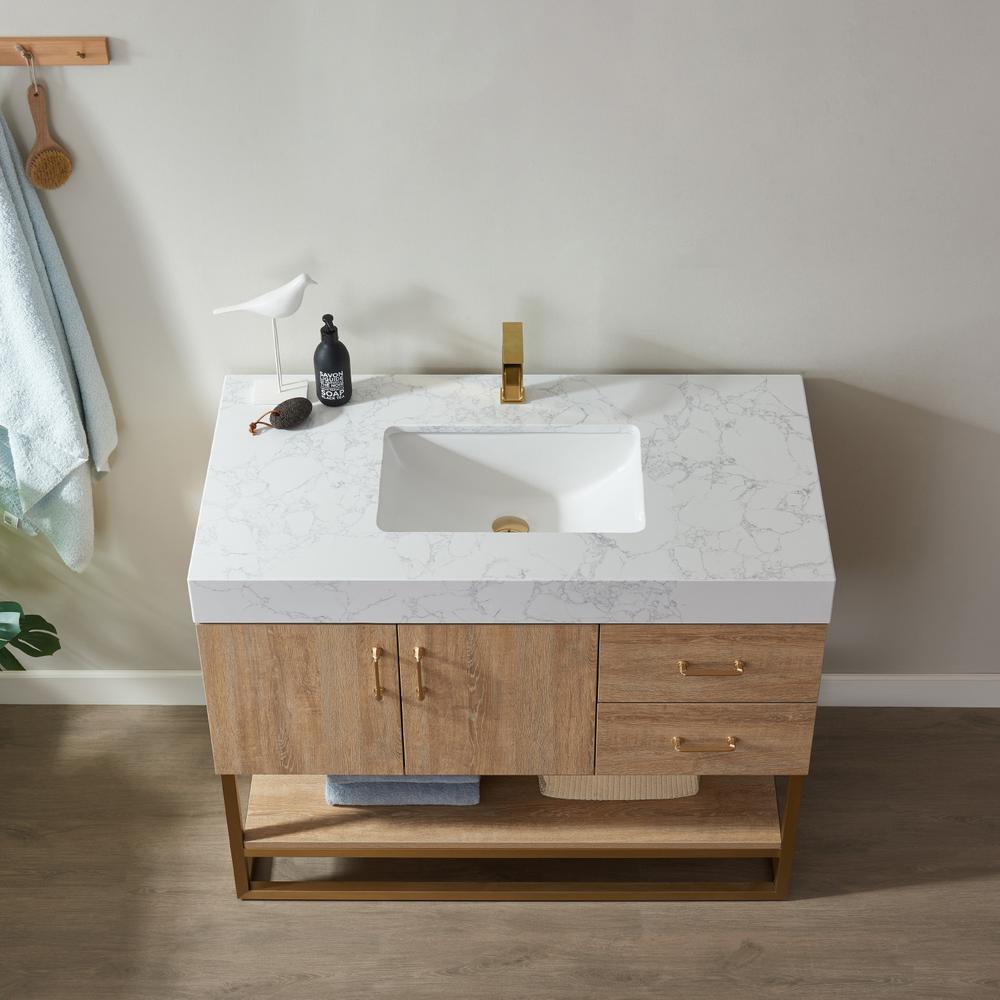 42" Single Vanity with White Grain Stone Countertop Without Mirror. Picture 3