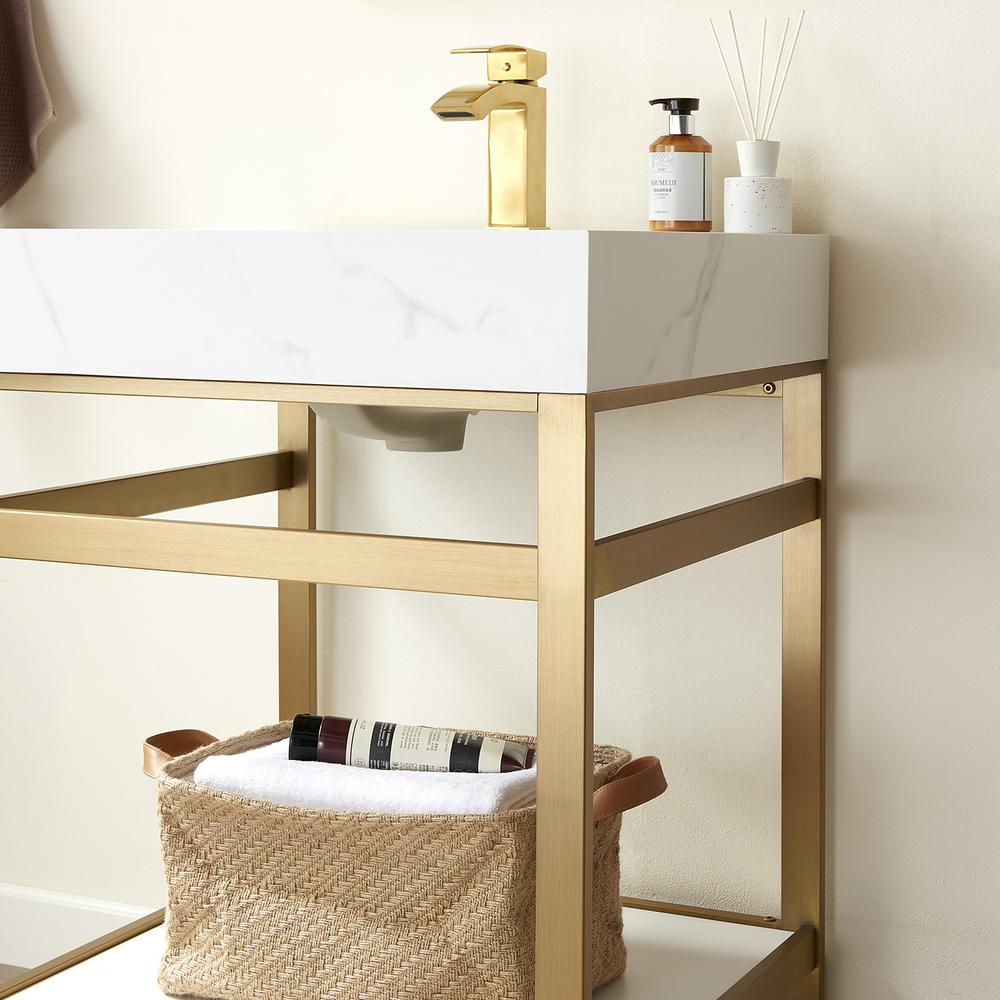 Single Sink Bath Vanity Metal Support with White Sintered Stone Top and Mirror. Picture 7