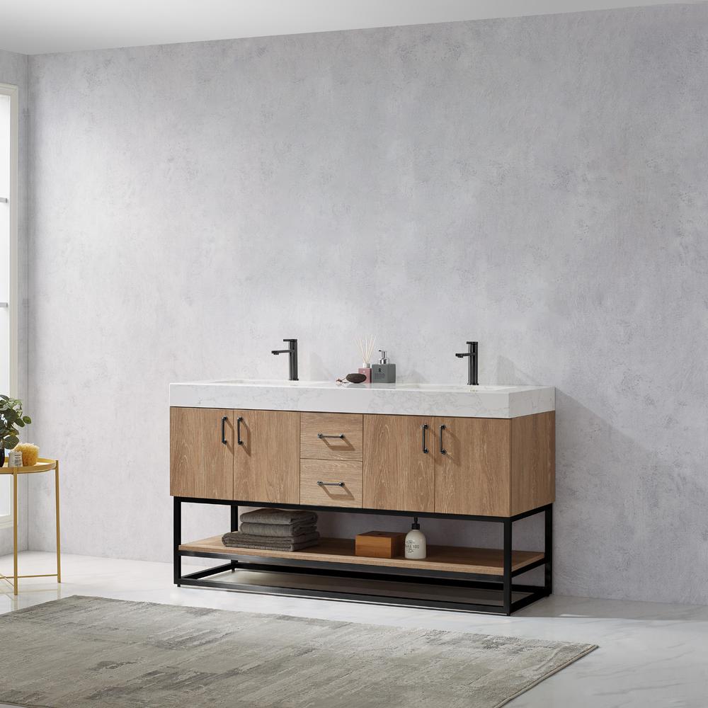 60B" Double Vanity with White Grain Stone Countertop Without Mirror. Picture 11