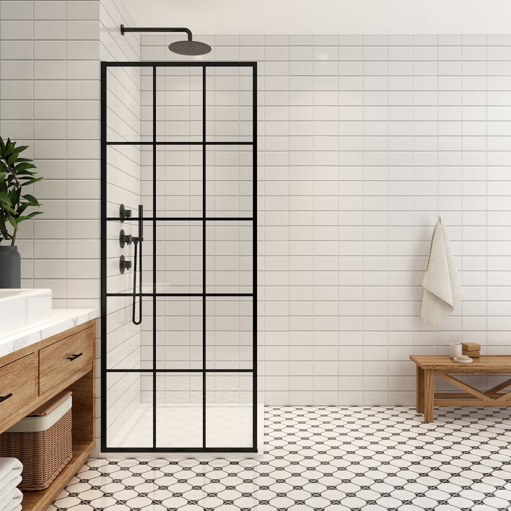 Puente 34" W x 78" H Fixed Single Panel Frameless Shower Door in Matte Black. Picture 2