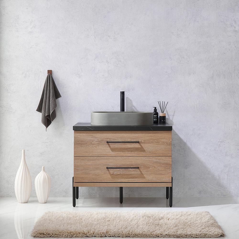 Single Sink Bath Vanity with Black Sintered Stone Top with Concrete Sink. Picture 4