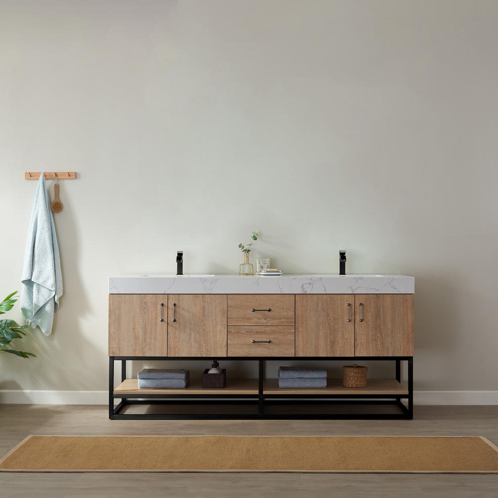 72B" Double Vanity with White Grain Stone Countertop Without Mirror. Picture 10