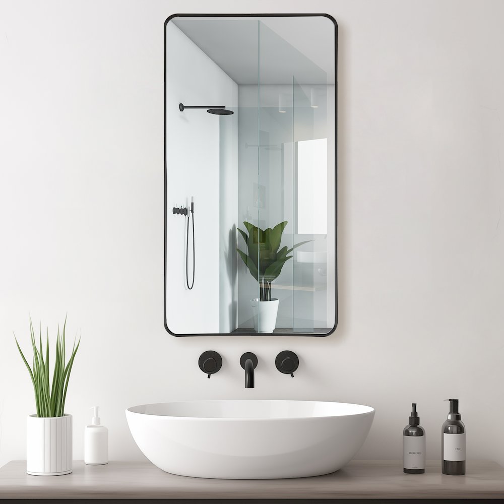 Rectangle Aluminum Framed Wall Mount Bathroom Vanity Mirror in Brushed Black. Picture 4
