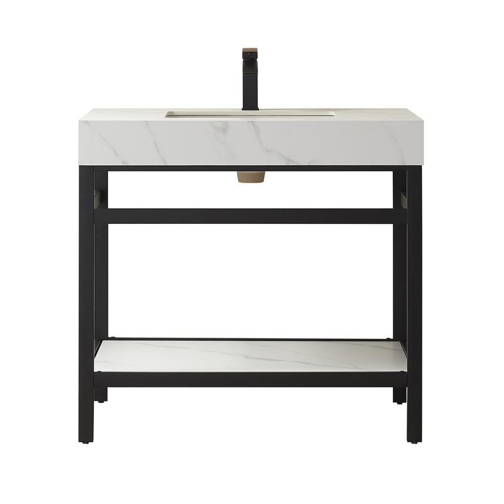 Single Sink Bath Vanity Metal Support with White Sintered Stone Top. Picture 1