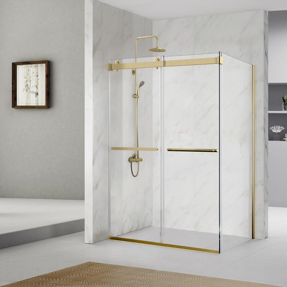 Rectangle Double Sliding Frameless Shower Enclosure in Brushed Gold. Picture 12