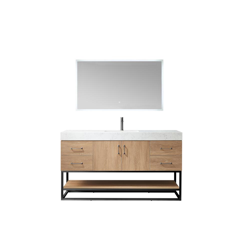 60BS" Single Sink Bath Vanity with White Grain Stone Countertop and Mirror. Picture 1