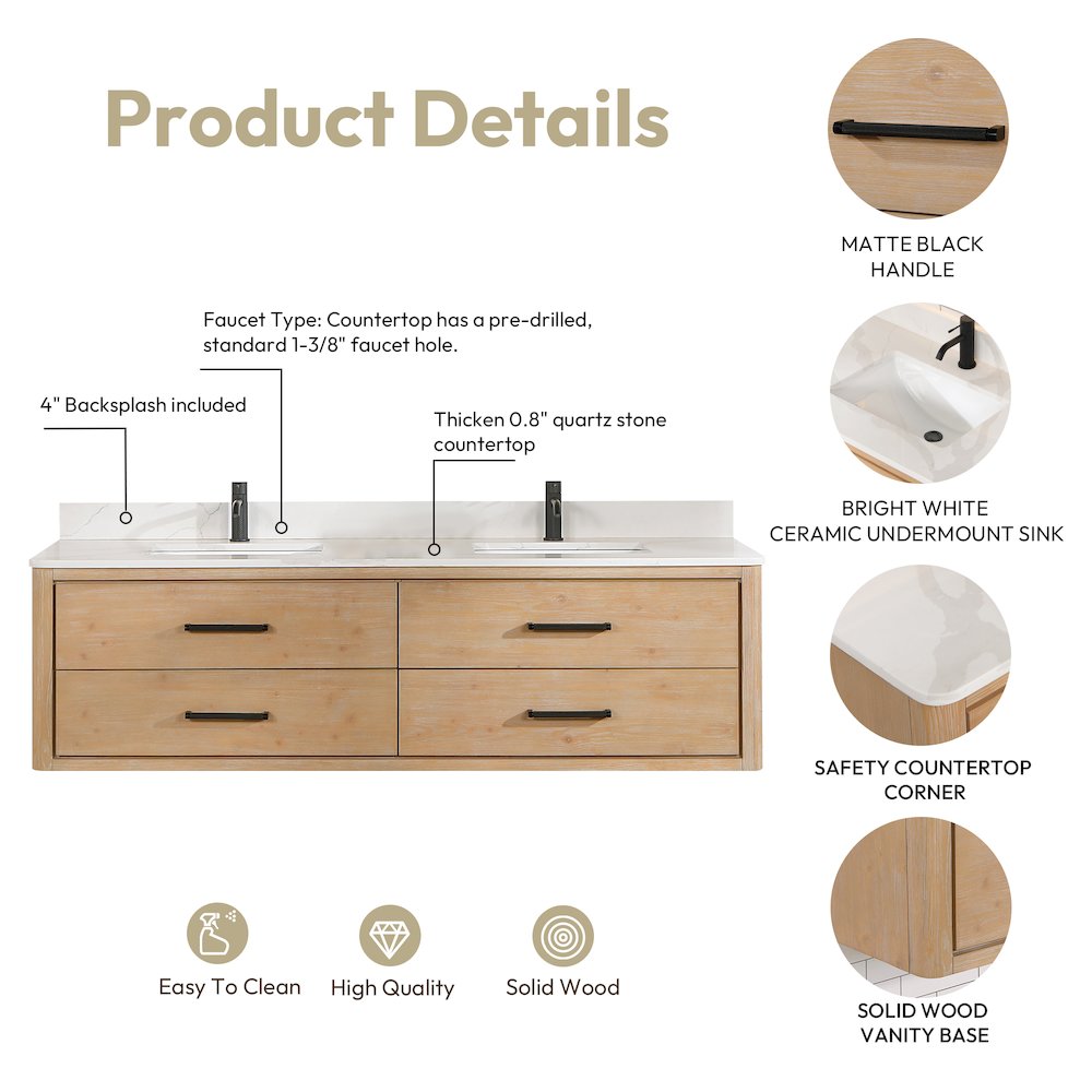 Cristo 72" Floating Double Bath Vanity in Fir Wood Brown. Picture 16