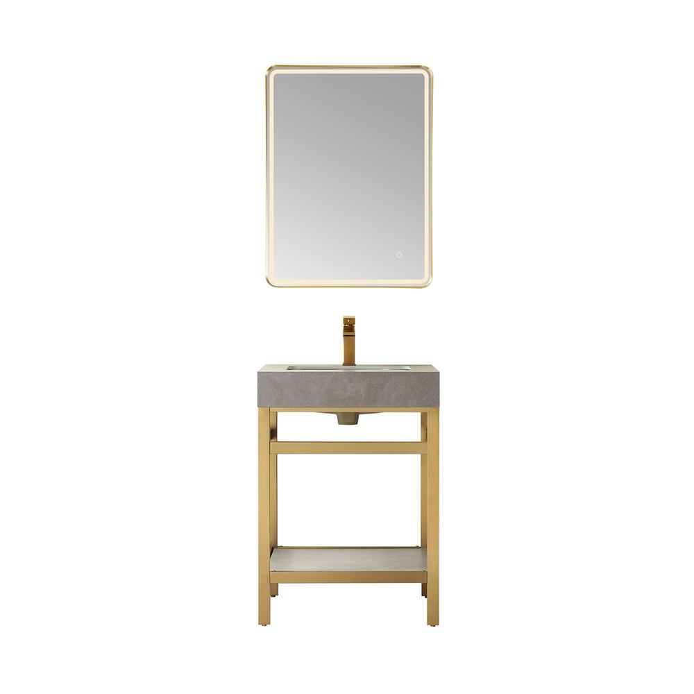Single Sink Bath Vanity Metal Support with Grey Sintered Stone Top and Mirror. Picture 1