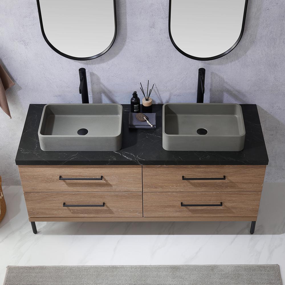 Double Sink Bath Vanity with Sintered Stone Top with Concrete Sink and Mirror. Picture 7