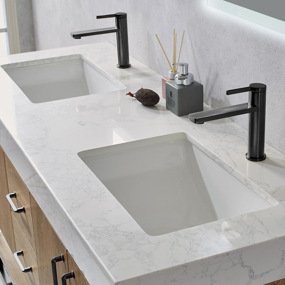 60B" Double Vanity with White Grain Stone Countertop With Mirror. Picture 5