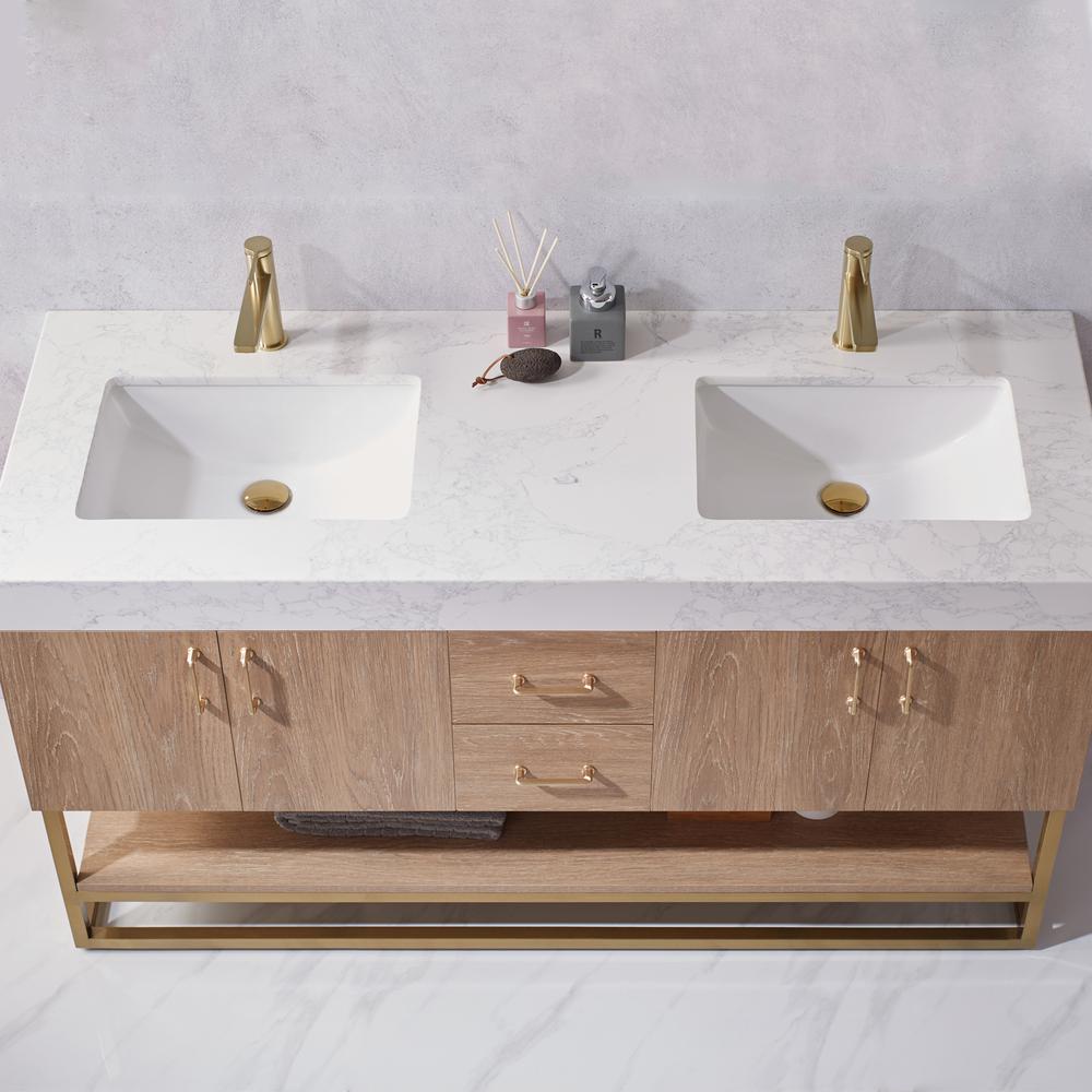 60" Double Vanity with White Grain Stone Countertop Without Mirror. Picture 5