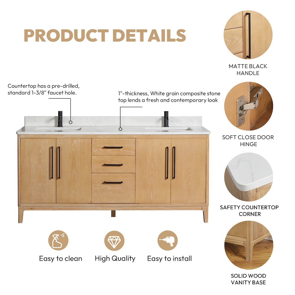 Gara 72" Free-standing Double Bath Vanity in Washed Ash Grey. Picture 19