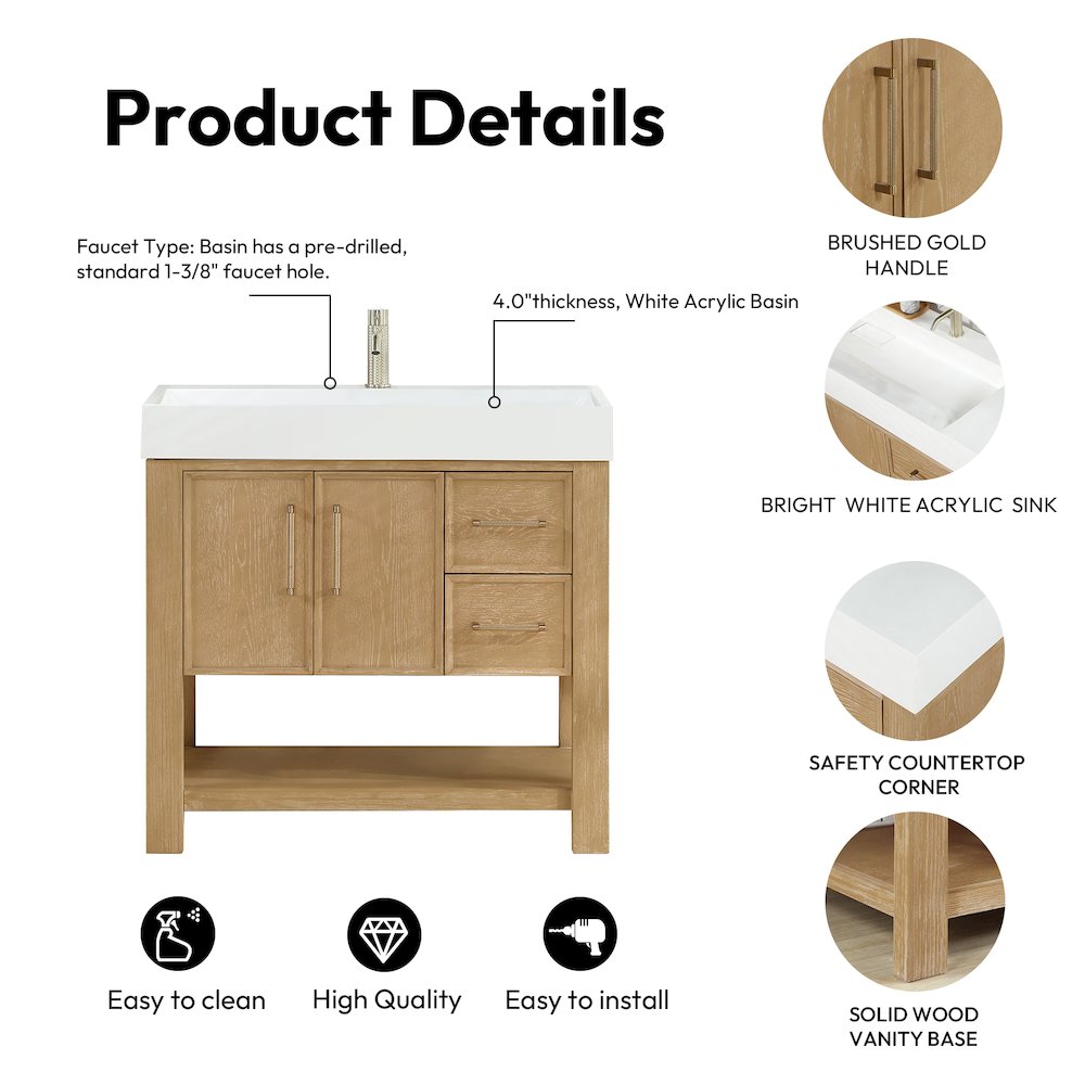 Vera 36" Free-standing Single Bath Vanity in Washed Ash Grey. Picture 18