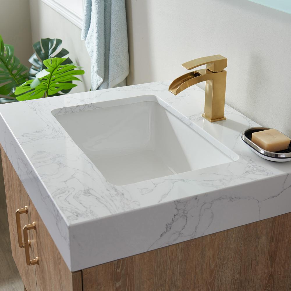 24" Single Vanity with White Grain Stone Countertop Without Mirror. Picture 8