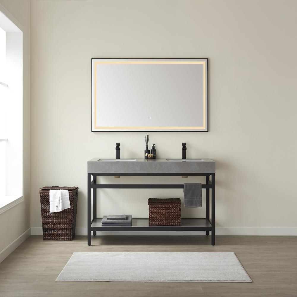 Double Sink Bath Vanity Metal Support with Grey Sintered Stone Top and Mirror. Picture 3