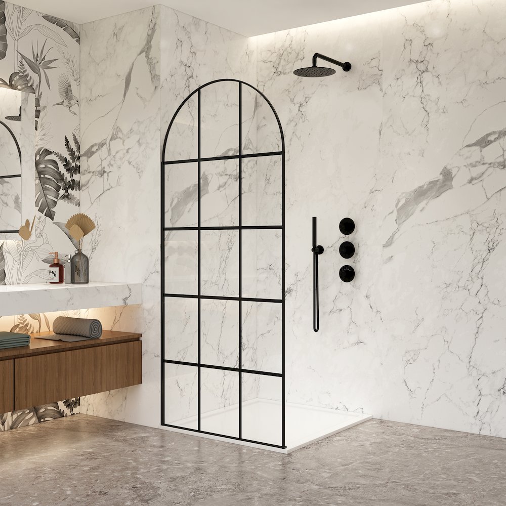 Aranaz 34" W x 78" H Fixed Single Panel Frameless Shower Door in Matte Black. Picture 4
