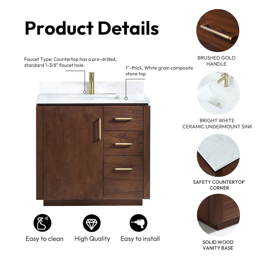 San 36" Free-standing Single Bath Vanity in Natural Walnut. Picture 16