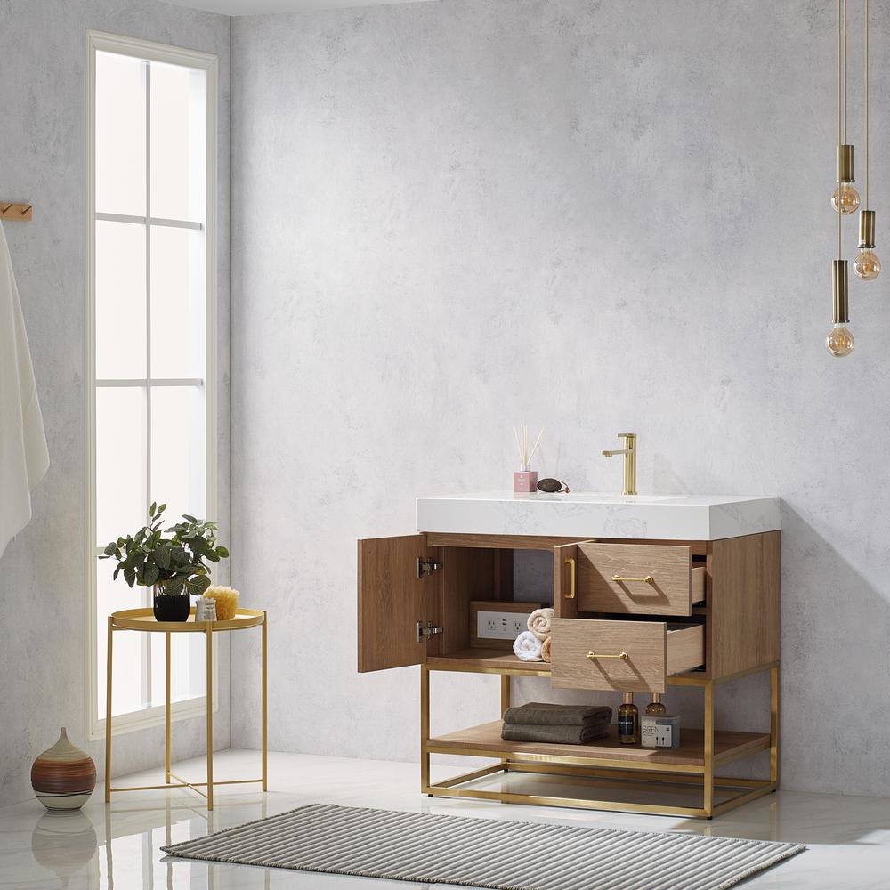 36" Single Vanity with White Grain Stone Countertop Without Mirror. Picture 3