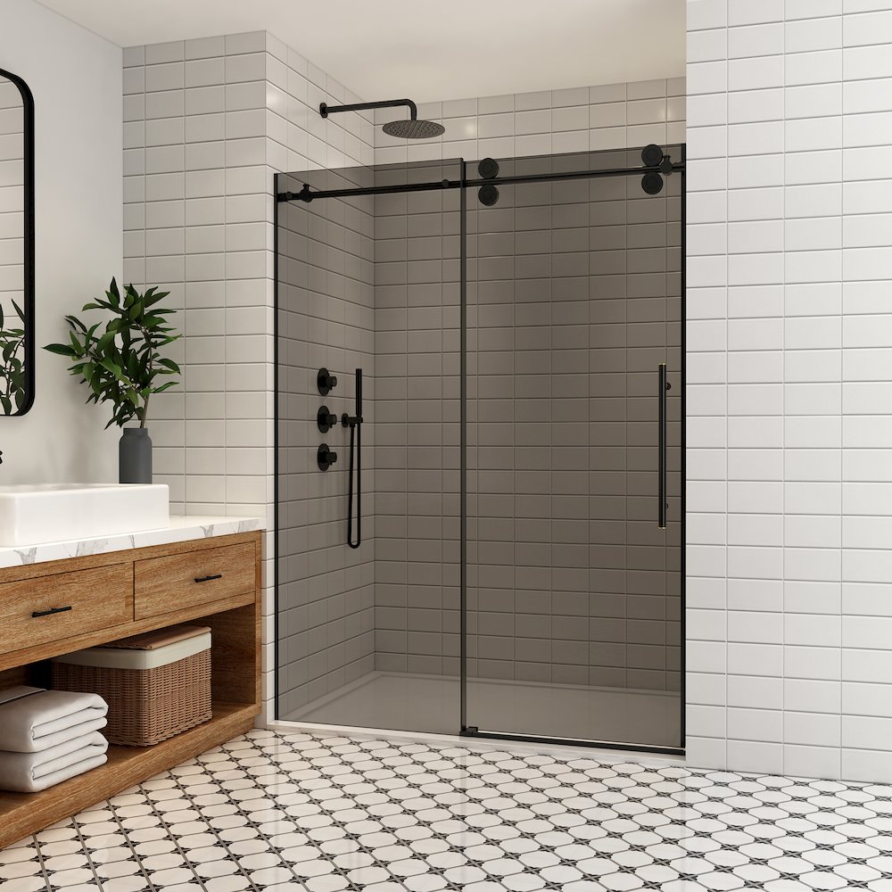 Echarri 56" W x 78" H Single Sliding Frameless Shower Door in Matte Black. Picture 2