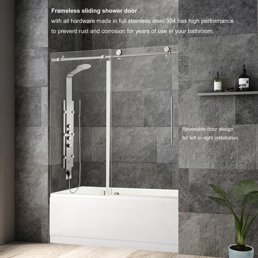 Villena 60" W x 58" H Single Sliding Frameless Tub Door in Brushed Gold. Picture 11