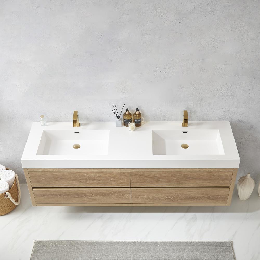 Double Sink Wall-Mount Bath Vanity with Composite Integral Square Sink Top. Picture 5