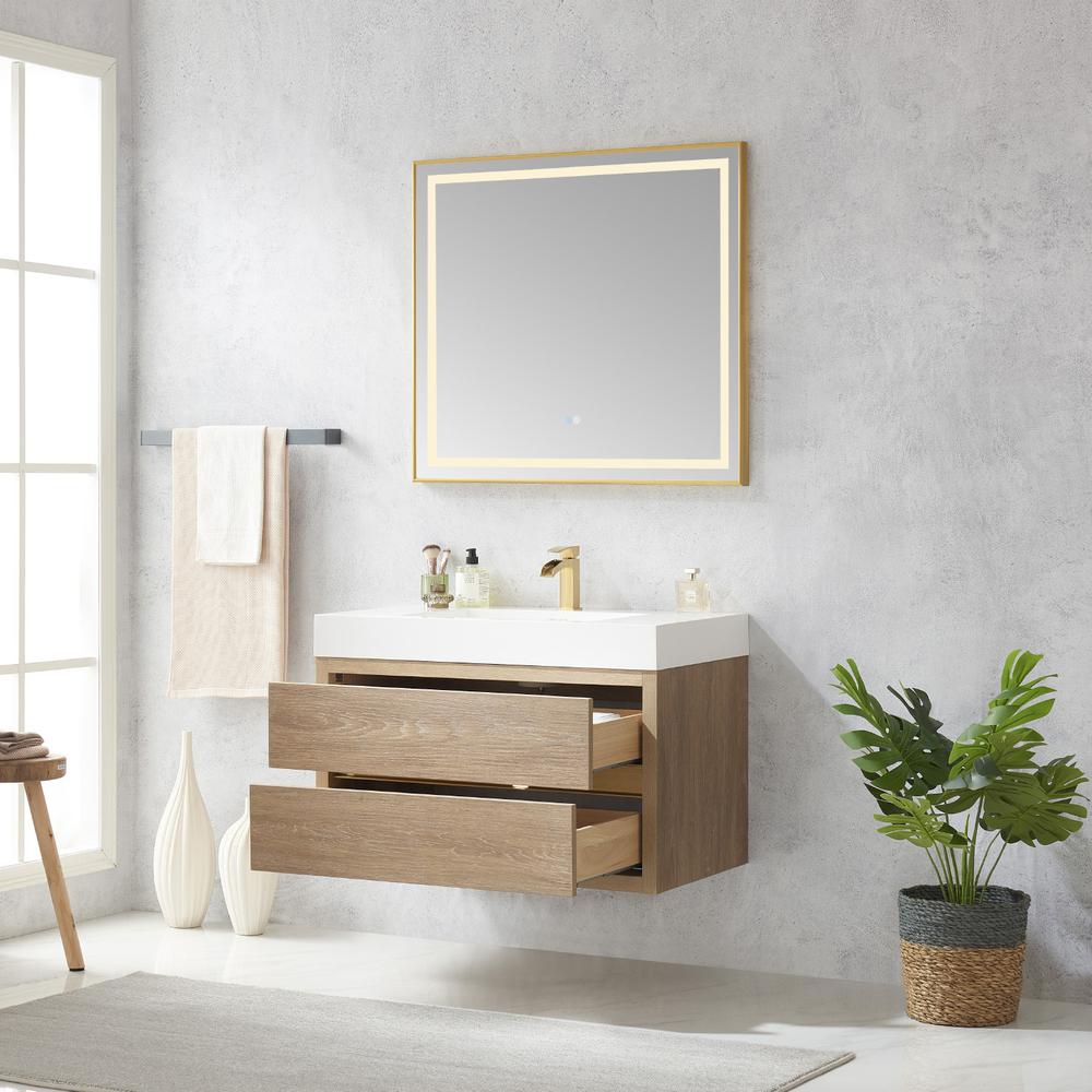 Single Sink Wall-Mount Bath Vanity Composite Integral Square Sink Top, Mirror. Picture 6