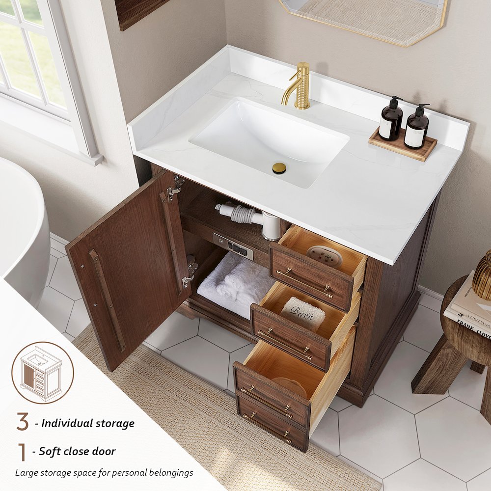 Tokyo 36" Freestanding Single Bath Vanity in Aged Dark Brown Oak. Picture 8
