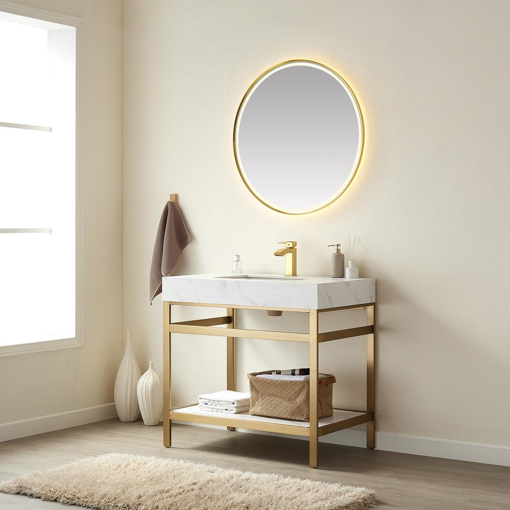 Single Sink Bath Vanity Metal Support with White Sintered Stone Top and Mirror. Picture 3