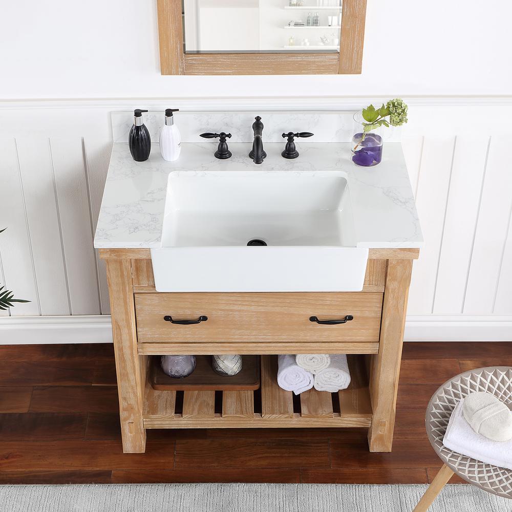 Single Bath Vanity with Composite Stone Top, White Farmhouse Basin and Mirror. Picture 7
