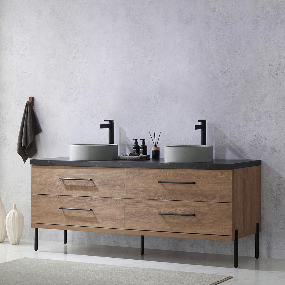 Double Sink Bath Vanity with Black Sintered Stone Top with Concrete Sink. Picture 6