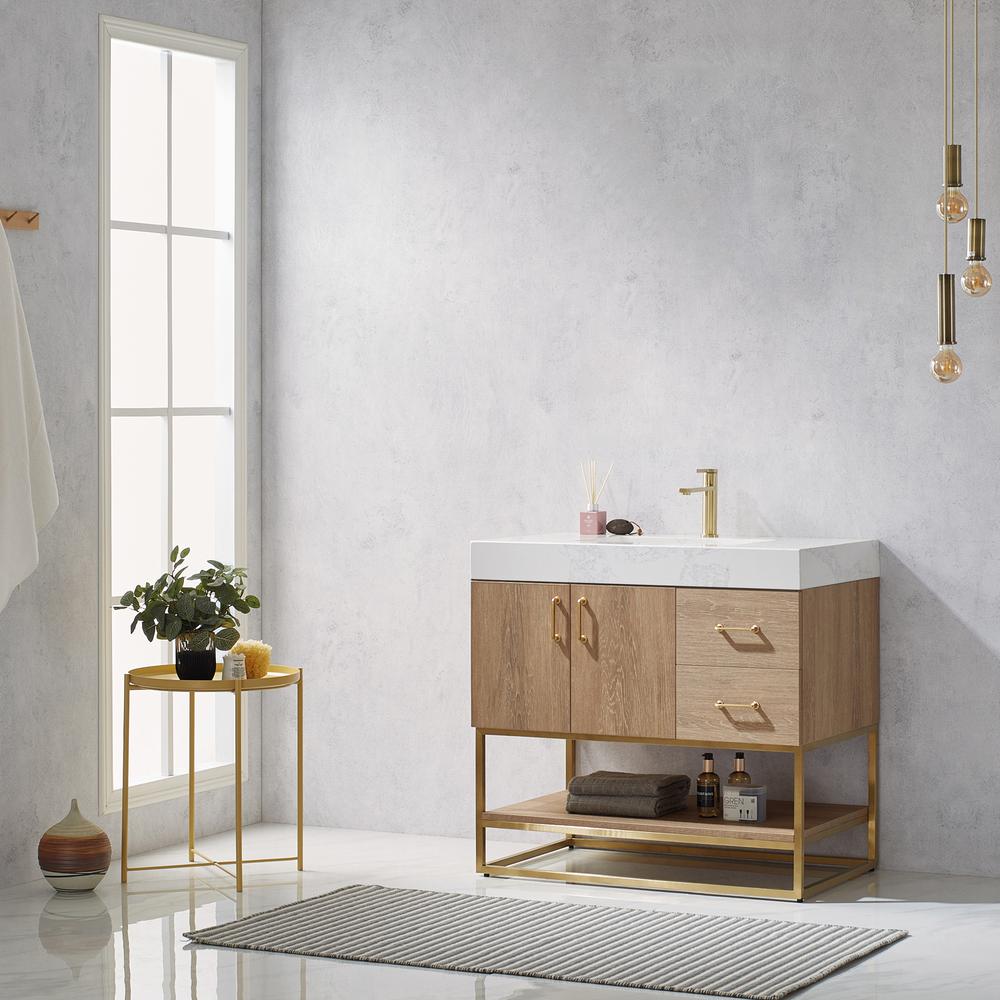 36" Single Vanity with White Grain Stone Countertop Without Mirror. Picture 8