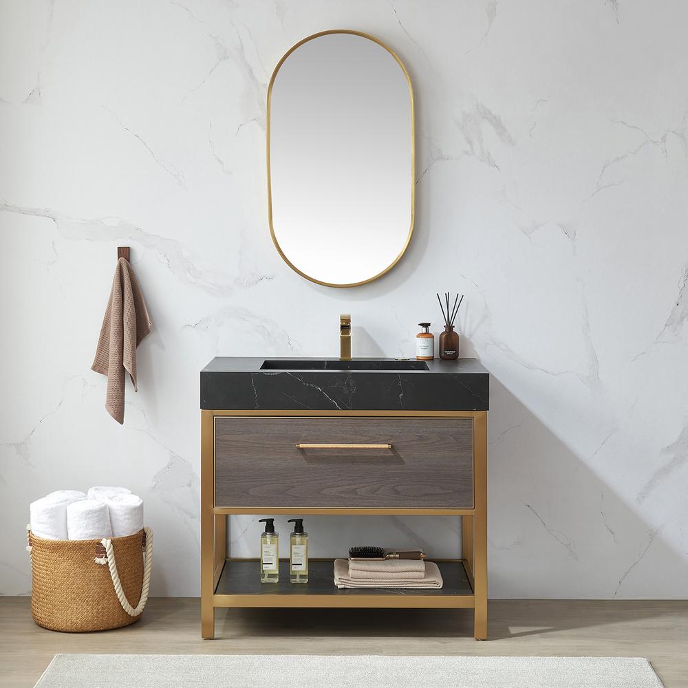 Miajadas 20 in. W x 36 in. H Oval Metal Wall Mirror in Brushed Gold. Picture 7