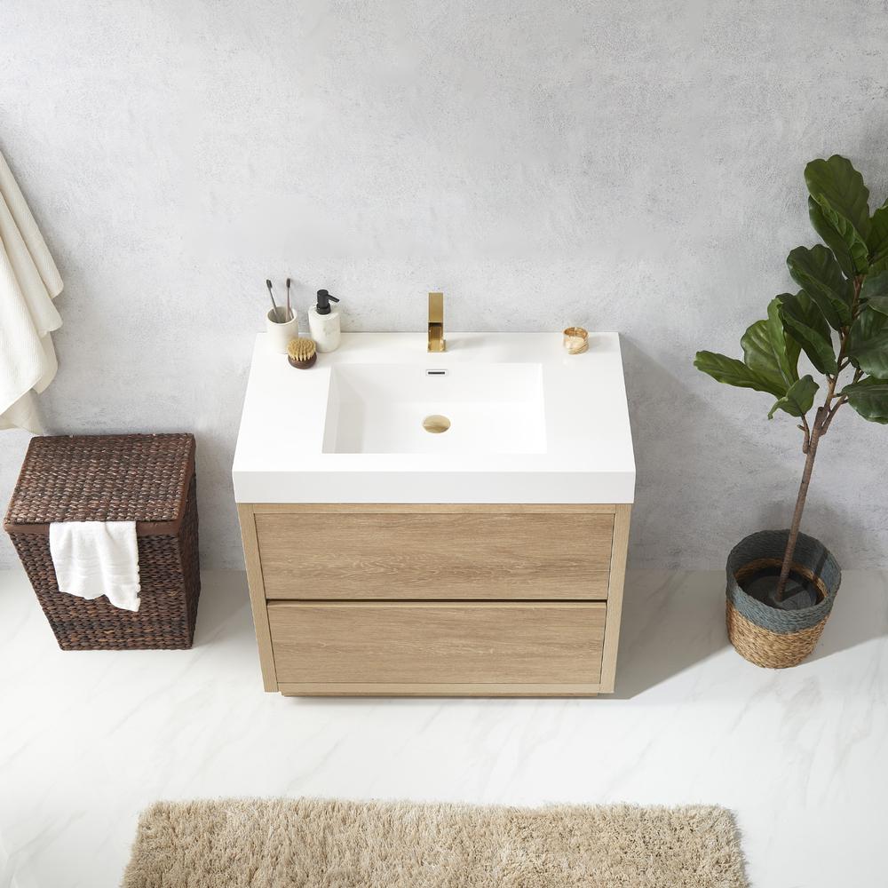 Single Sink Bath Vanity with White Composite Integral Square Sink Top. Picture 5