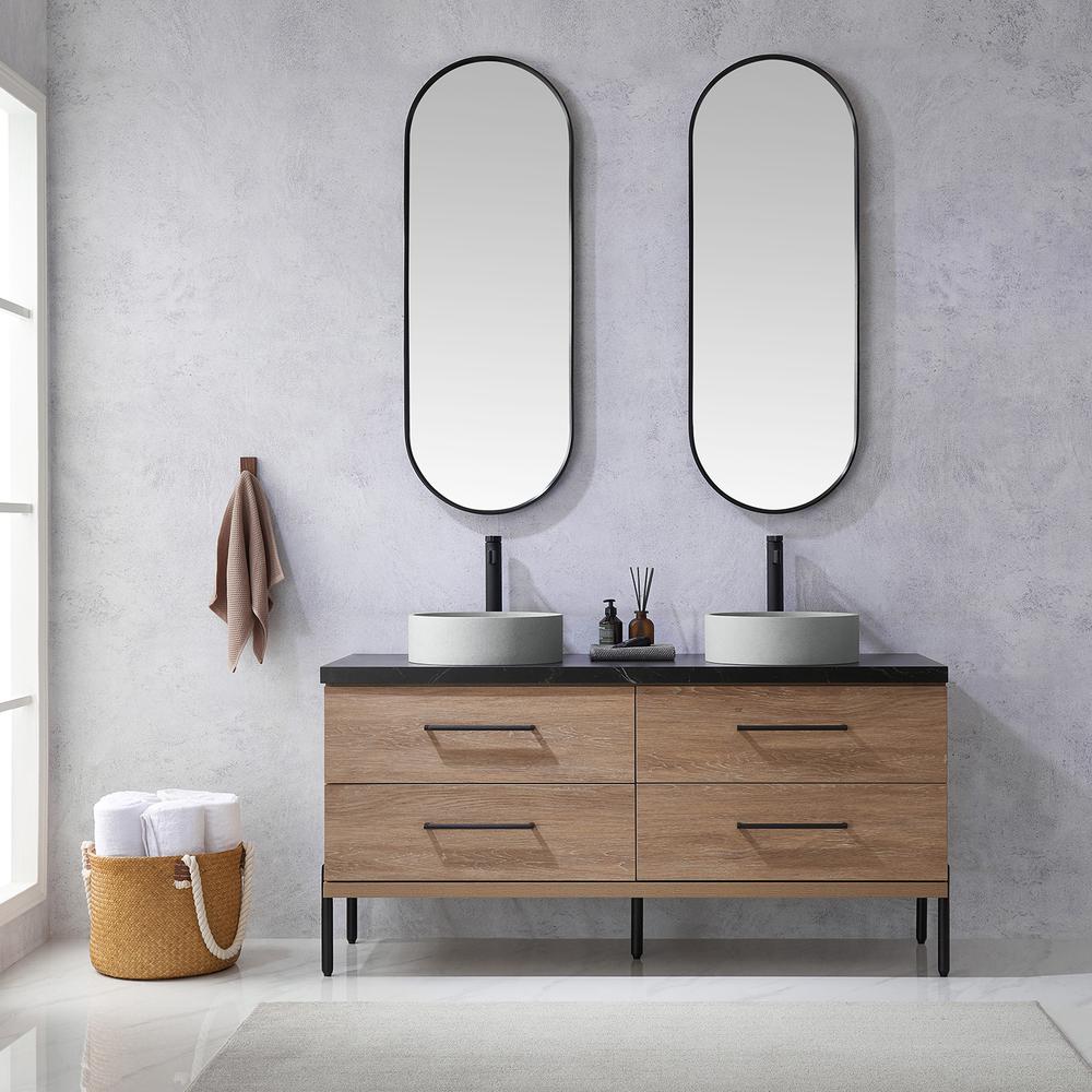 Double Sink Bath Vanity with Sintered Stone Top with Concrete Sink and Mirror. Picture 4