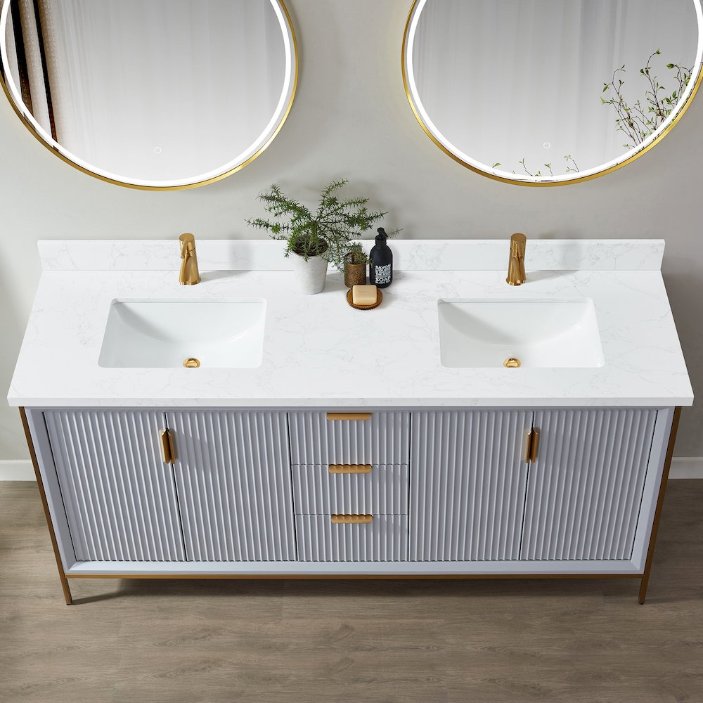Composite Stone Vanity Top in Grain White with White Rectangular Double Sink. Picture 6
