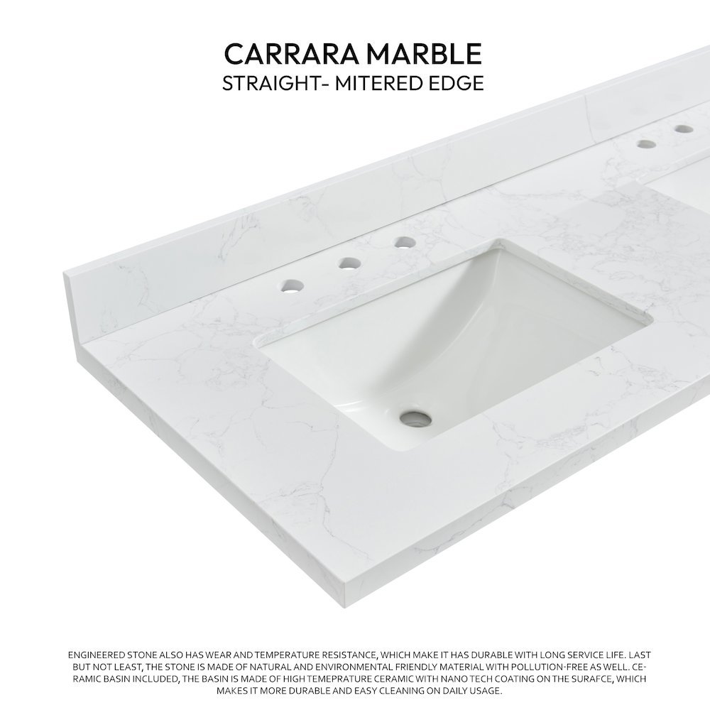 Composite Stone Vanity Top in Grain White with White Rectangular Double Sink. Picture 7