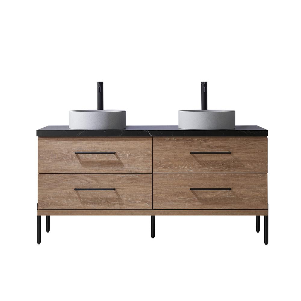 Double Sink Bath Vanity with Black Sintered Stone Top with Concrete Sink. Picture 1