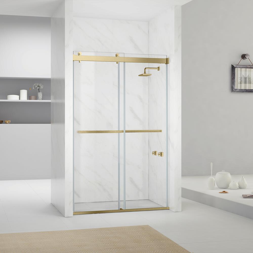 Spezia 56" W x 76" H Double Sliding Frameless Shower Door in Brushed Gold. Picture 11