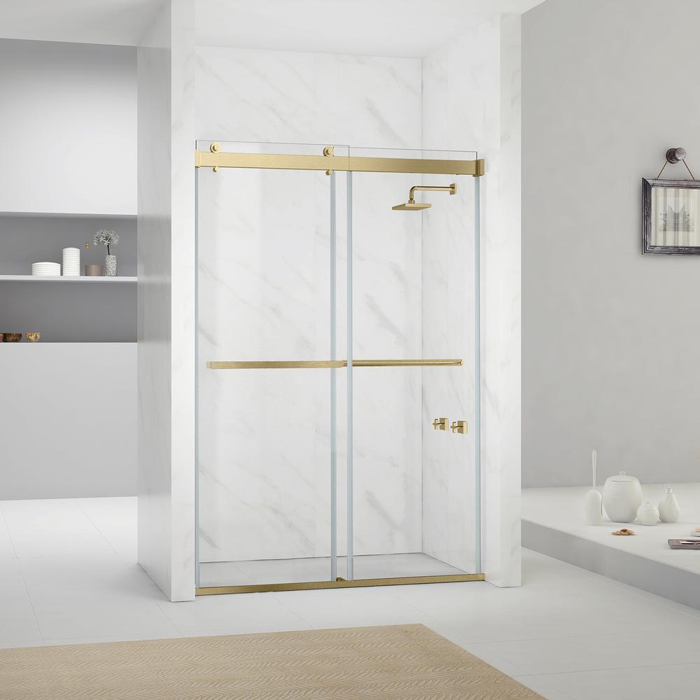 Spezia 60" W x 76" H Double Sliding Frameless Shower Door in Brushed Gold. Picture 11