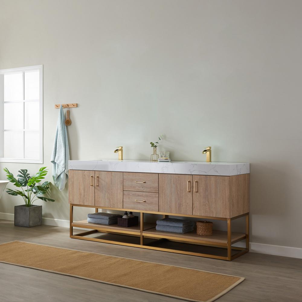 72" Double Vanity with White Grain Stone Countertop Without Mirror. Picture 9