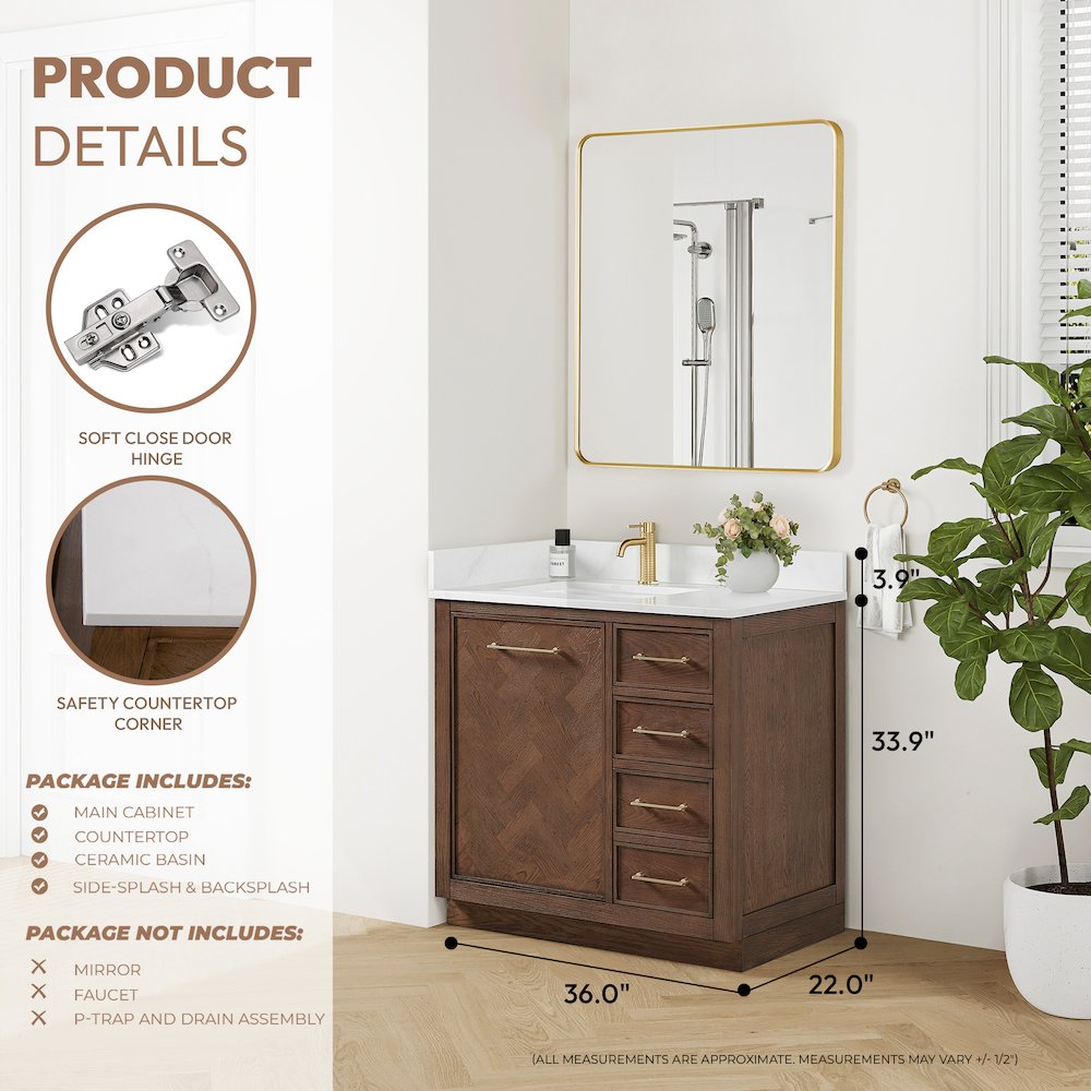 Jakarta 36" Freestanding Single Bath Vanity in Aged Dark Brown Oak. Picture 17