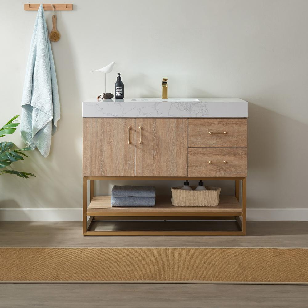42" Single Vanity with White Grain Stone Countertop Without Mirror. Picture 6