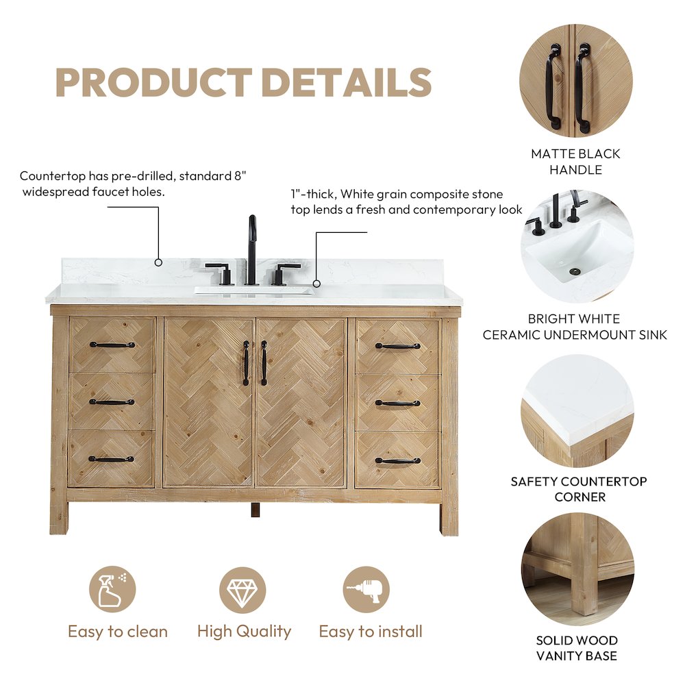 Javier 60" Free-standing Single Bath Vanity in Spruce Antique Brown. Picture 16