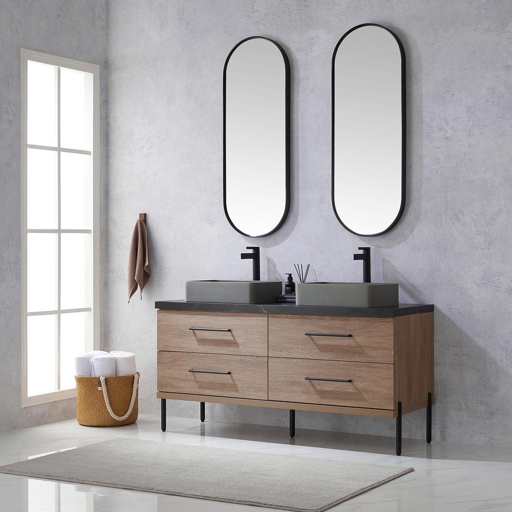 Double Sink Bath Vanity with Sintered Stone Top with Concrete Sink and Mirror. Picture 5