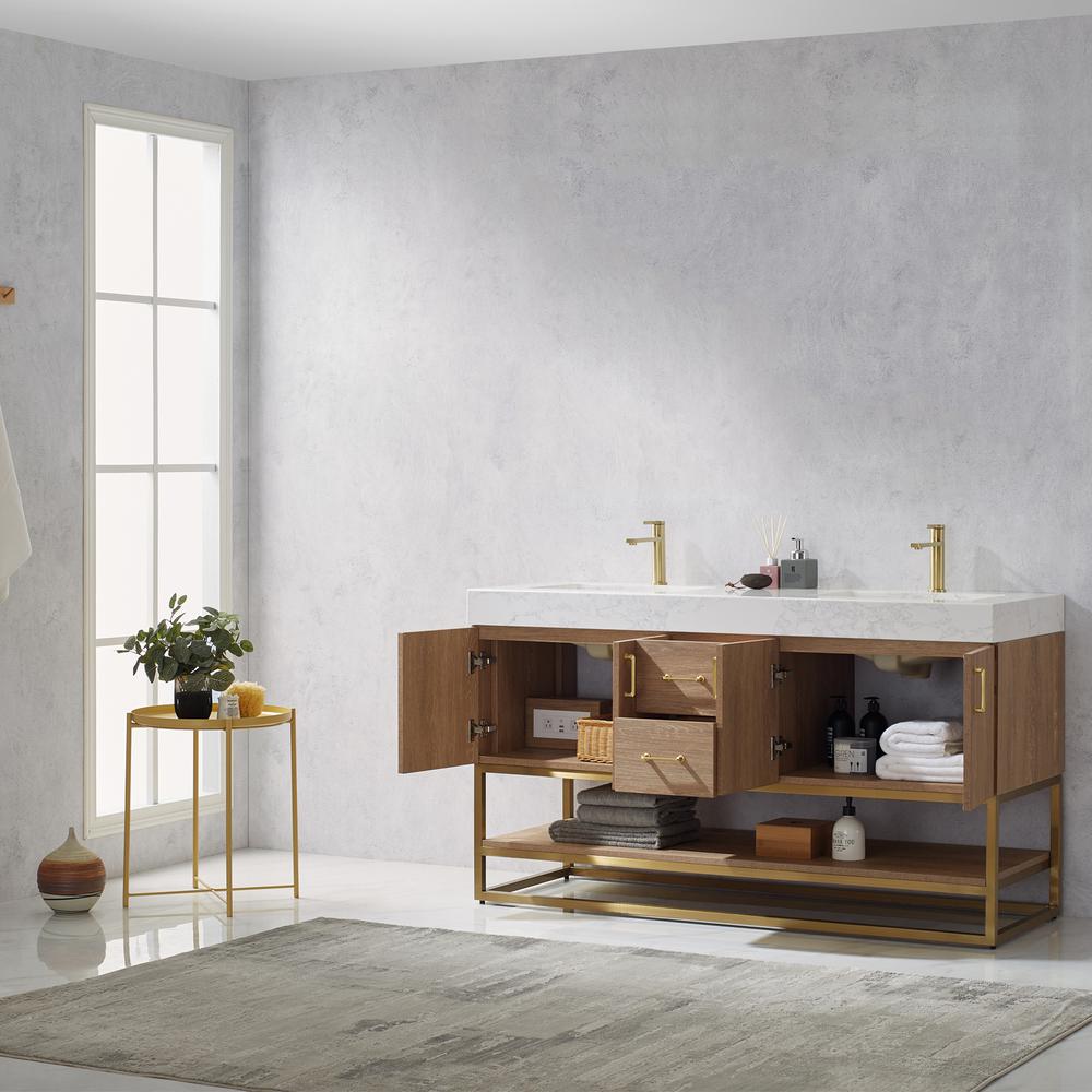 60" Double Vanity with White Grain Stone Countertop Without Mirror. Picture 4