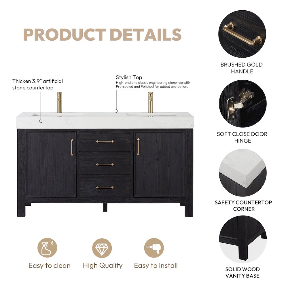 León 60in. Free-standing Double Bathroom Vanity in Fir Wood Black. Picture 17