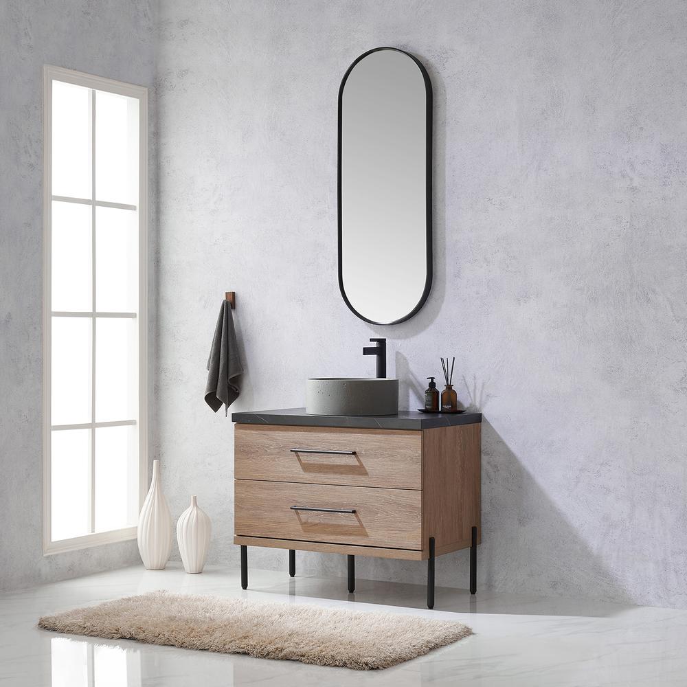 Single Sink Bath Vanity with Sintered Stone Top with Concrete Sink and Mirror. Picture 5