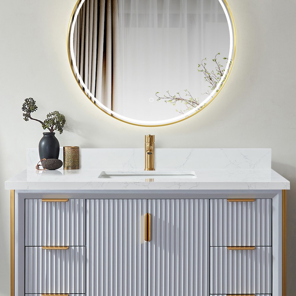 Composite Stone Vanity Top in Grain White with White Rectangular Single Sink. Picture 5
