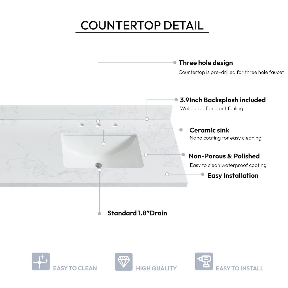 Composite Stone Vanity Top in Grain White with White Rectangular Double Sink. Picture 3