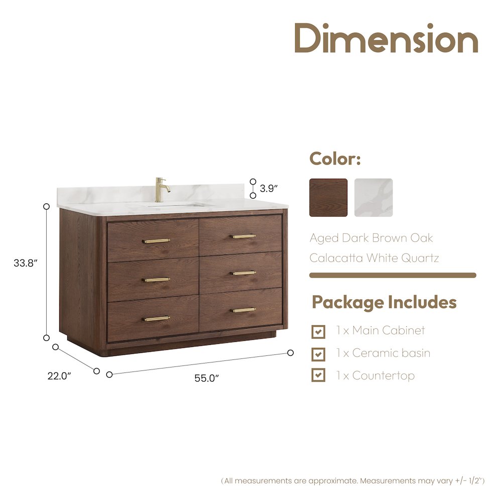 Porto 55" Free-standing Single Bath Vanity in Aged Dark Brown Oak. Picture 14